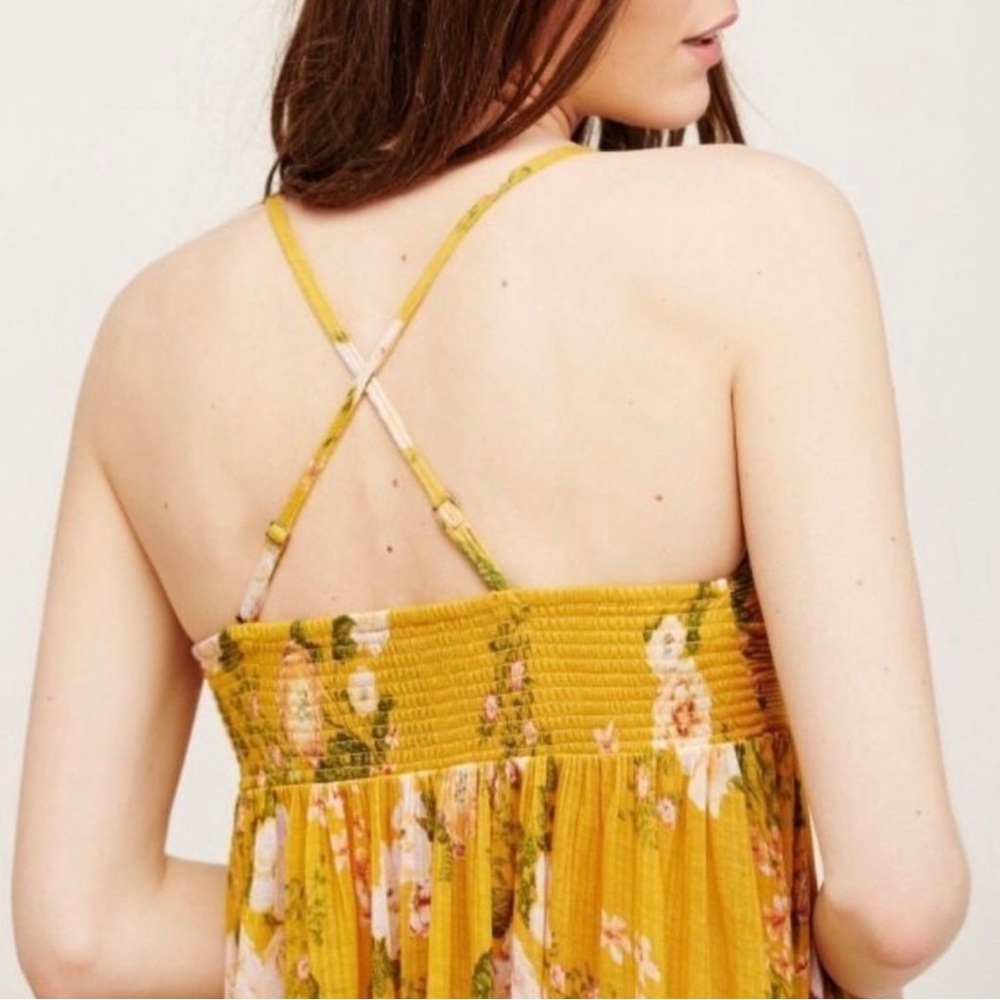 Free People Floral Print Yellow Draped High Low Sleeveless Boho Babydoll Top - Picture 10 of 14
